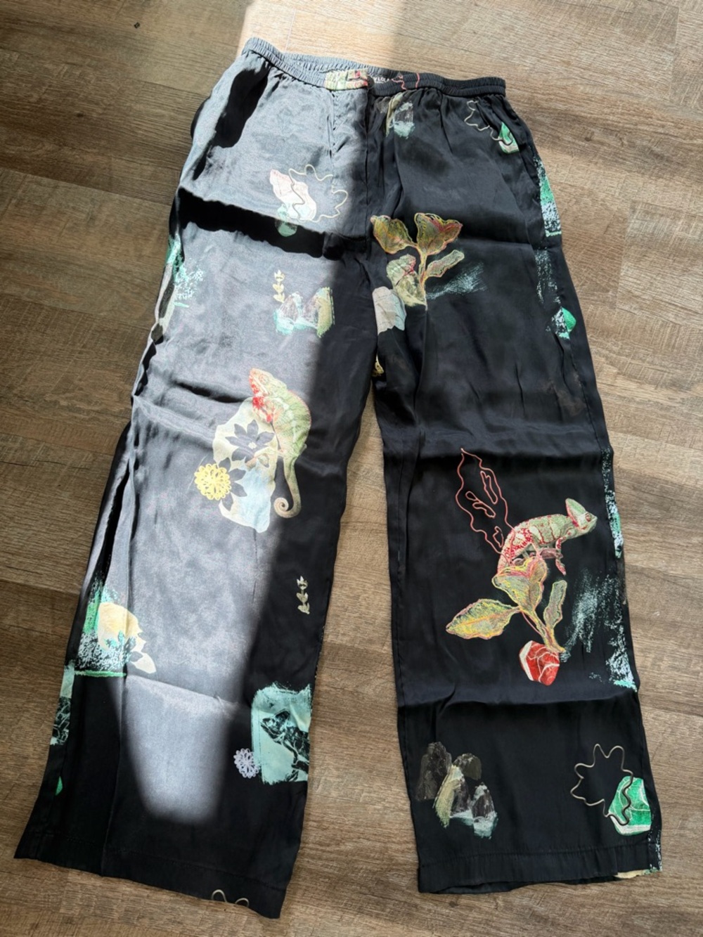 Wide Leg Floral Print Pants - Black